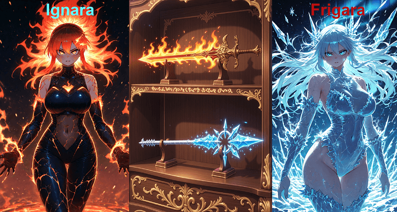 伊格娜拉 & 芙莉嘉拉 - 你修复的两件传奇武器化作了美丽的元素精魂——一个炽热而奔放，一个冰冷而克制——两者都对你忠心耿耿。