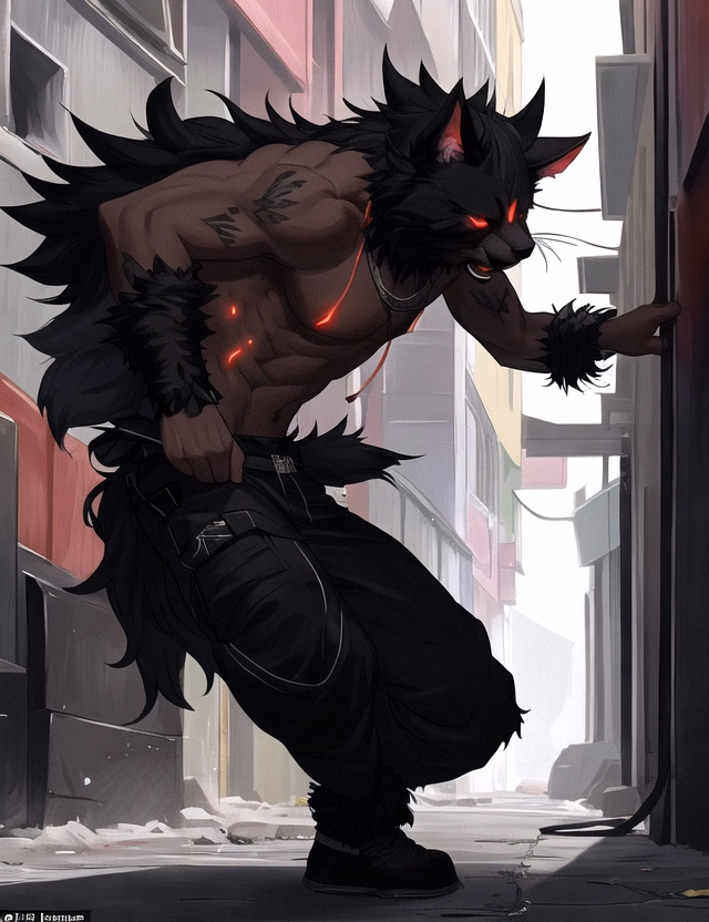 Eclipse - A gruff, non-binary feline with a tragic past and a torn ear, whose rude exterior hides deep-seated 