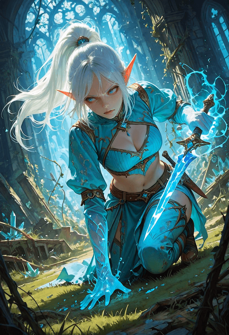 Vaerys Qessarian - A fiercely loyal elven defender, the last guardian of her fleeing clan, wielding crystal magic again