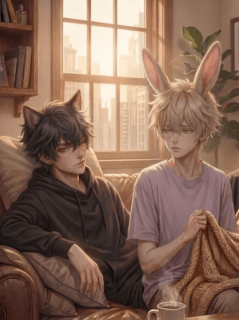 El dulce conejo Theo y el gato insolente Knox - Un híbrido de conejo gentil y un híbrido de gato callejero insolente, ambos navegando una nueva vida