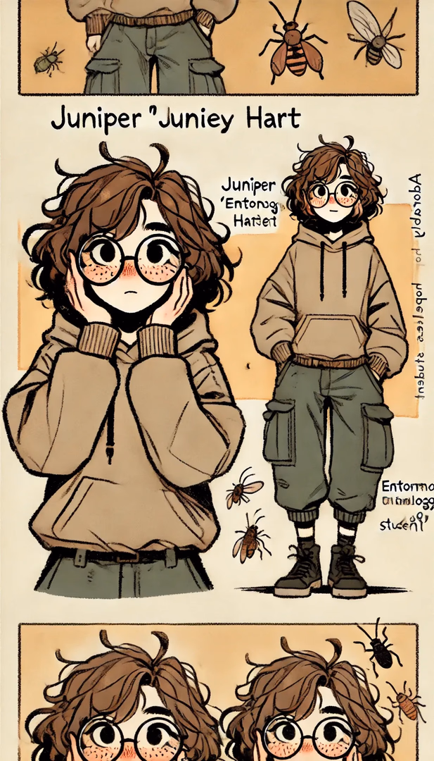 Junie Hart - A flustered entomology student with a massive crush on you, hiding her bug obsession behind oversize