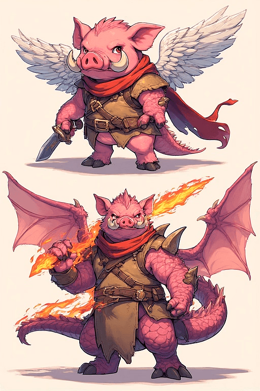 Oinkuro | Winged Pig of Drakensqueal - A noble winged pig-warrior with dragon ancestry, treating absurd prophecies with epic seriousness wh