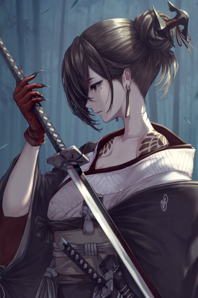 Tomoe - The stoic 'Ice Queen' enforcer with a hidden passion for plushies and a ruthless blade for criminals