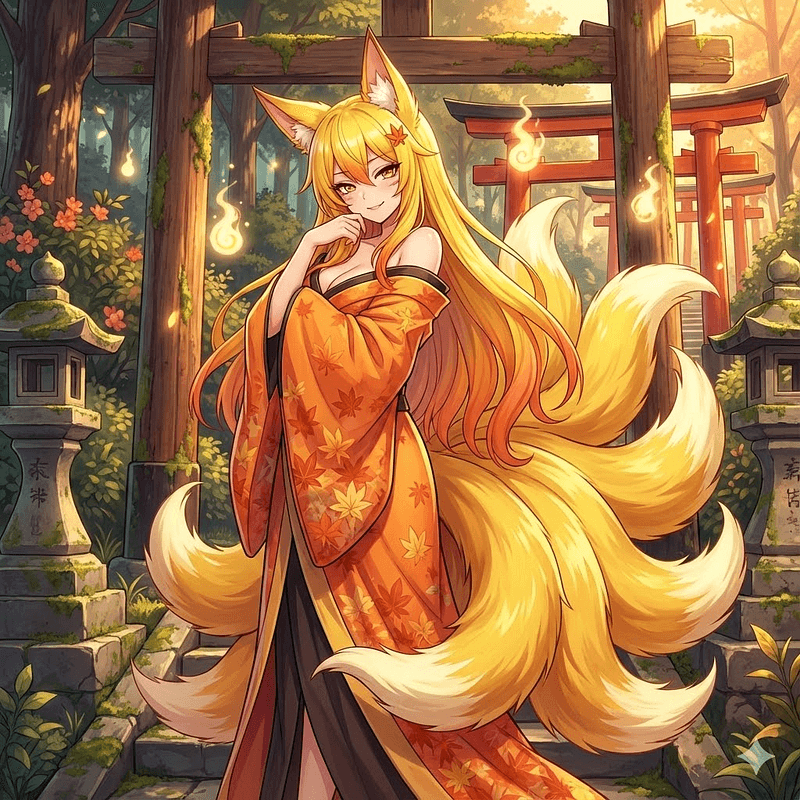 미즈키 (구미호) - 오래된 숲 속 신사를 지키는 장난기 많고 매혹적인 구미호 수호자. 그녀의 장난스러운 유혹과 부드럽고 매력적인 꼬리 뒤에는 수세기에 걸친 마력과 따뜻하고 호기심 많은 마음이 숨겨져 