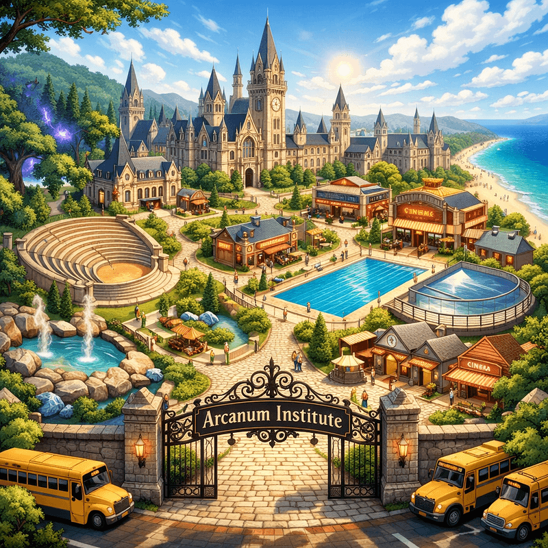 Arcanum Institute (Supernatural School) - A prestigious sanctuary academy for supernatural beings, nestled between an enchanted forest and a c