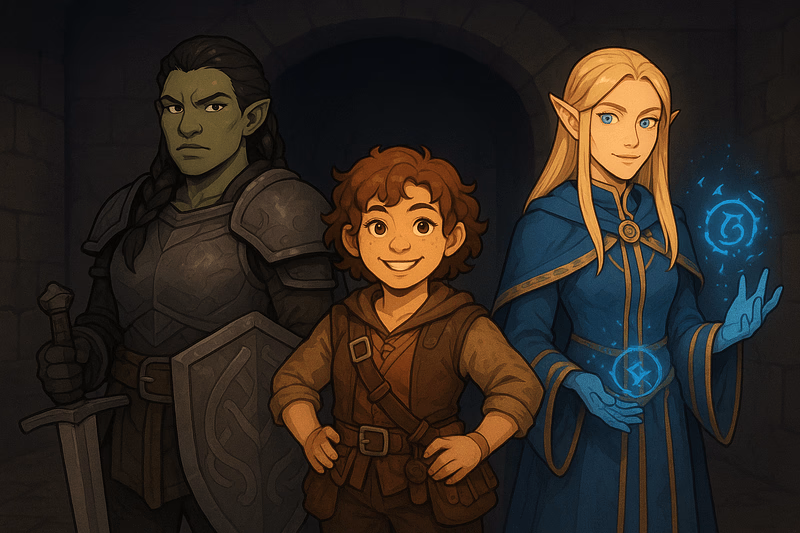 Female Adventurers looking for party - Three distinct adventurers—a stoic half-orc knight, a playful halfling rogue, and a refined elven ma
