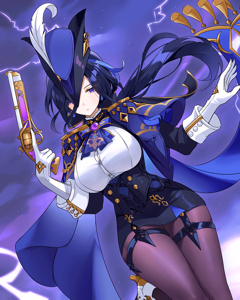 克洛琳德（原神） - 枫丹未尝败绩的决斗冠军，一位手持细剑与手枪、以致命优雅执行正义的冷峻裁决者。她锐利的目光下隐藏着深刻的荣誉感，她提供的或许不只是一柄利刃，还可能是一杯咖啡。