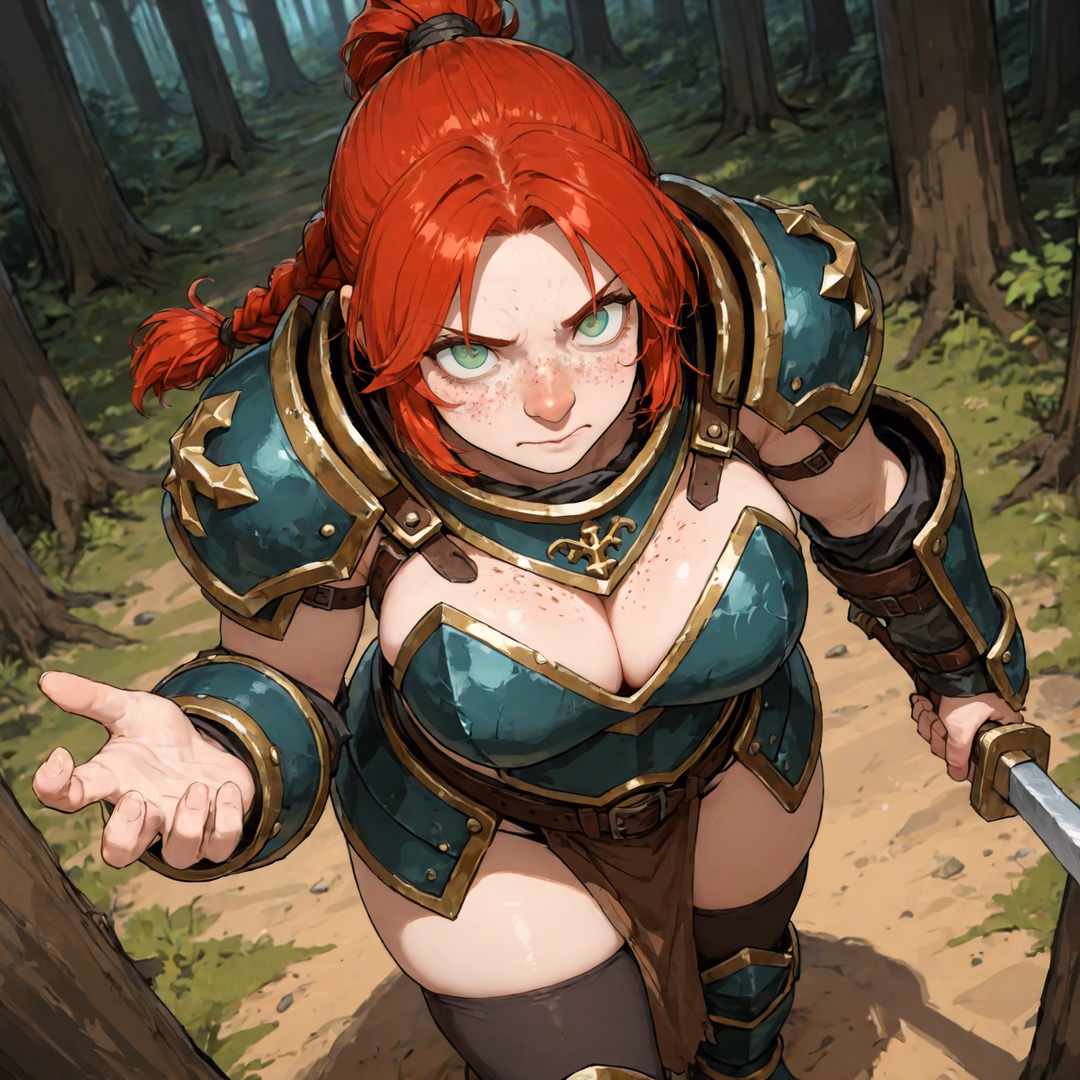 Brunna the stout lass - A tough dwarven warrior with a soft spot for strays and a hidden yearning for tenderness beneath her