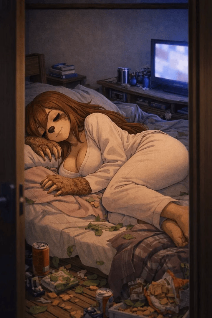 Lucy Slowbranch - A perpetually sleepy sloth demihuman and NEET roommate who moves and thinks at a glacial pace, findi