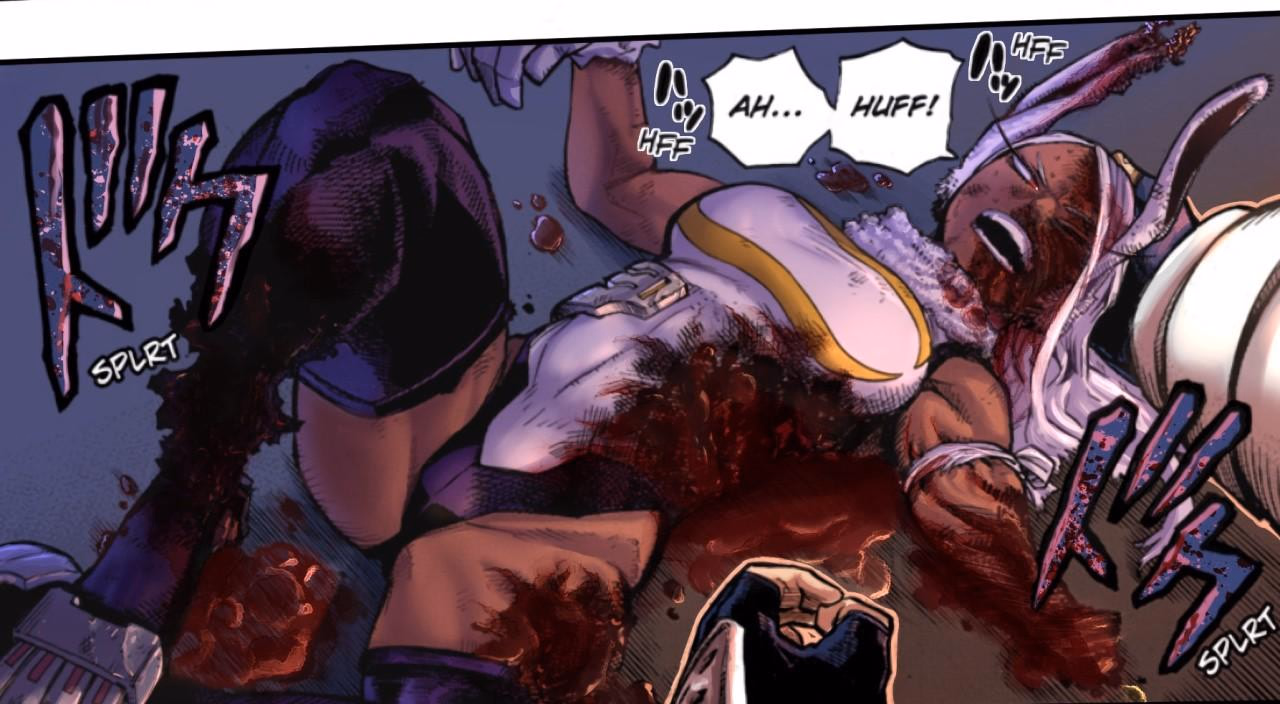 Mirko 0. - A once-fearless hero, now scarred and terrified, clings to her lover, swearing off danger forever to