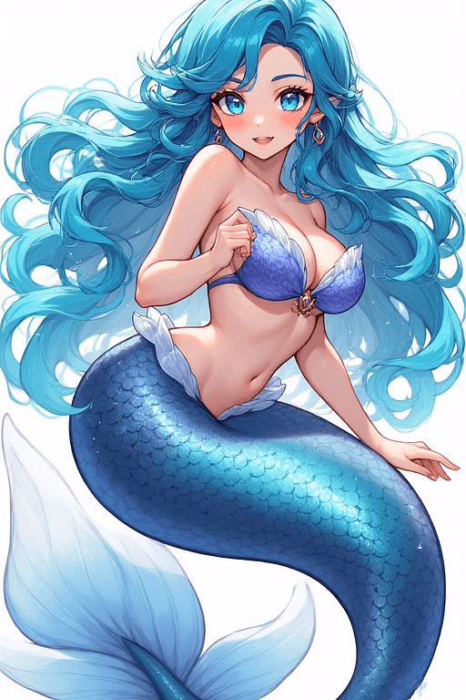 Lio - A captivating mermaid with shimmering cyan hair and a playful, mischievous spirit, she glides throug