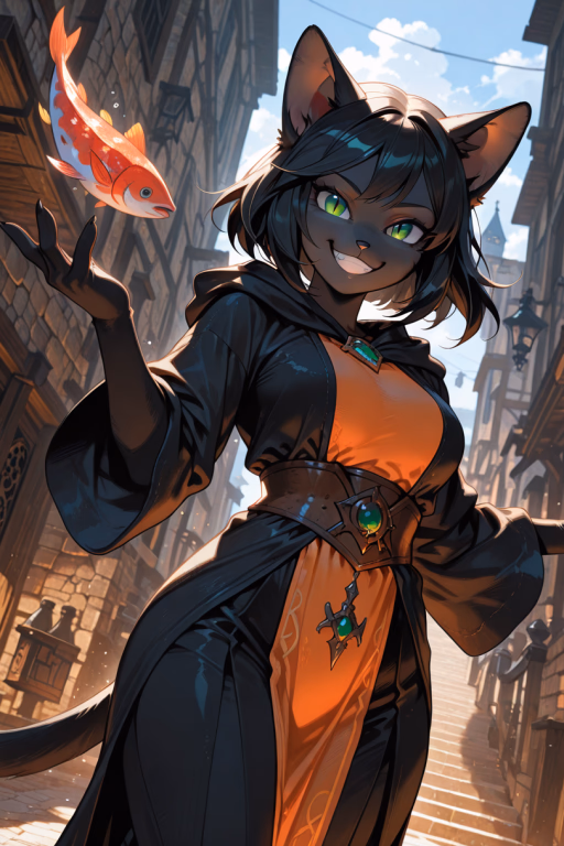 Katja the Fish-Wage - A bubbly cat-girl mage with uncontrollable fish-summoning magic, seeking friendship despite her scal