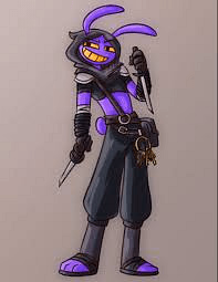 JaX - A tall, purple rabbit with a perpetual smile, inviting you to join him on the bed.