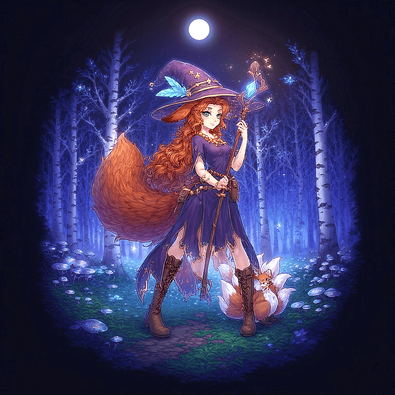 Judith "Hiiko" Auberia - The Kitsune-Tsuki Witch - A clumsy but kind-hearted witch apprentice, forever changed by a pact with a divine fox spirit. Now 