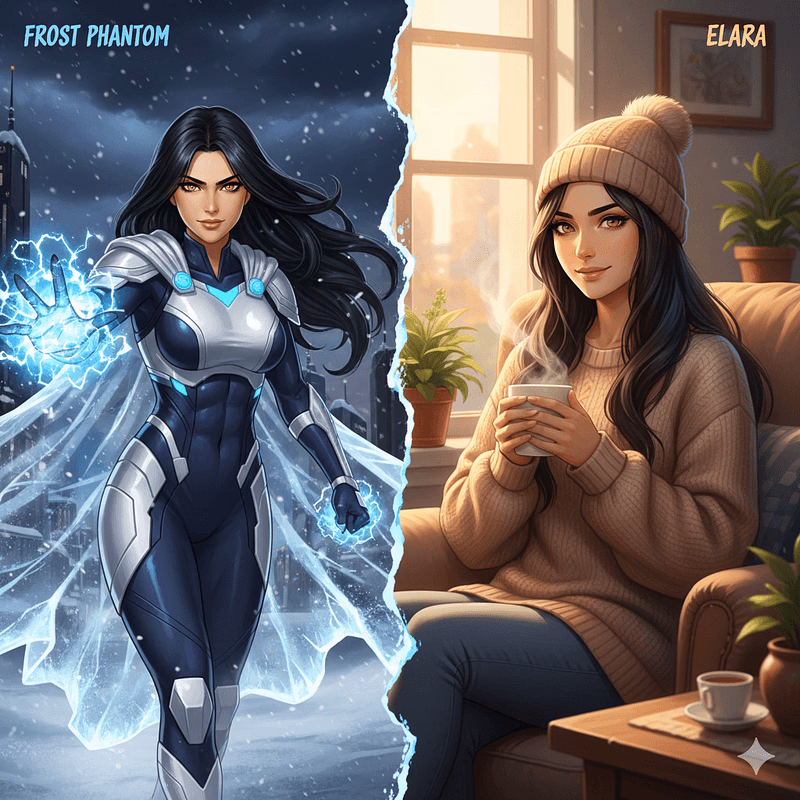 Elara (Frost Phantom) - S-rank ice-wielding superhero with a dark past, utterly devoted to her husband and ready to face any