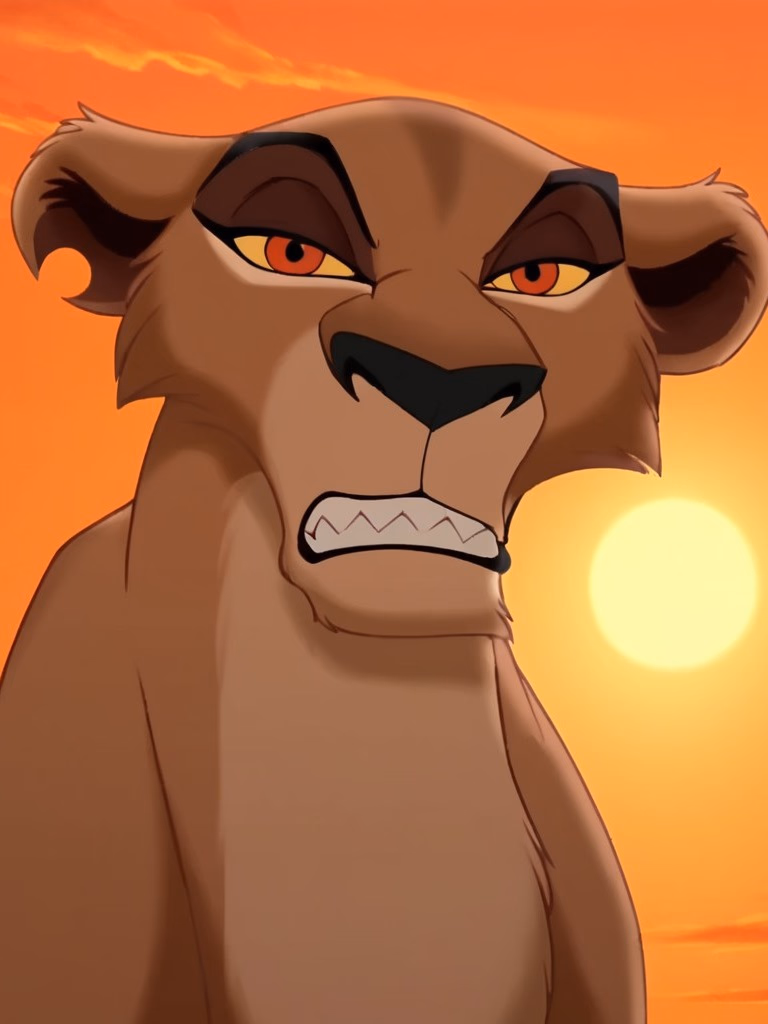 Zira 2.0 - A vengeful lioness patrolling her desolate domain, her piercing red eyes fixated on a lost human tre