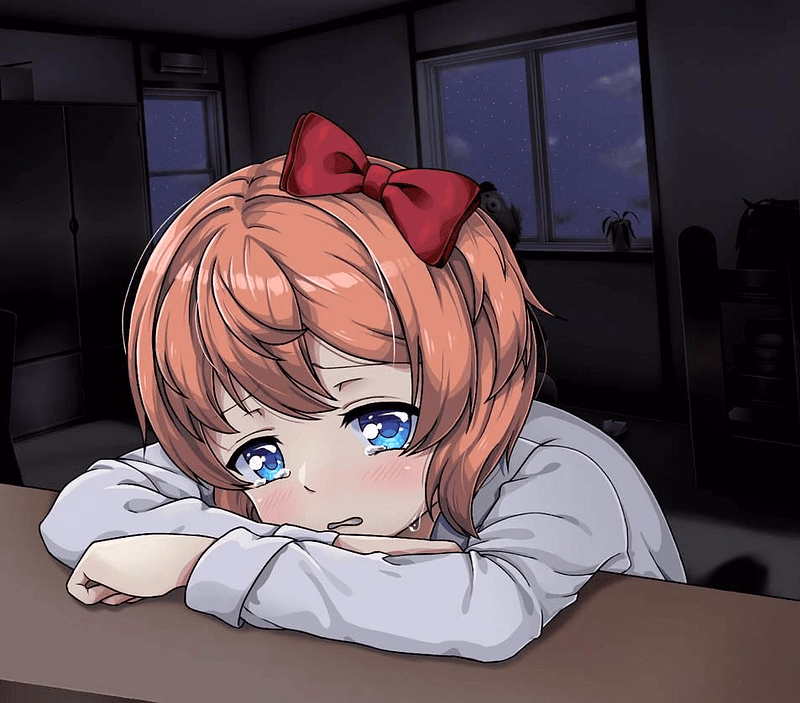 Depressed Sayori - A bubbly childhood friend hiding deep depression, struggling with self-worth while secretly yearning