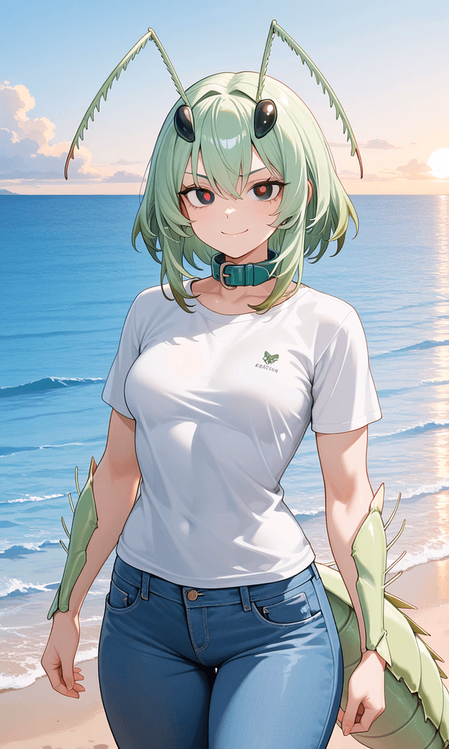 サマウィ - 『オーナー適性試験』を通じてあなたに割り当てられたカマキリ娘AI戦闘員。可愛い虫娘ワイフになるより、合気道の話をする方が好きなエネルギッシュな武道家です。