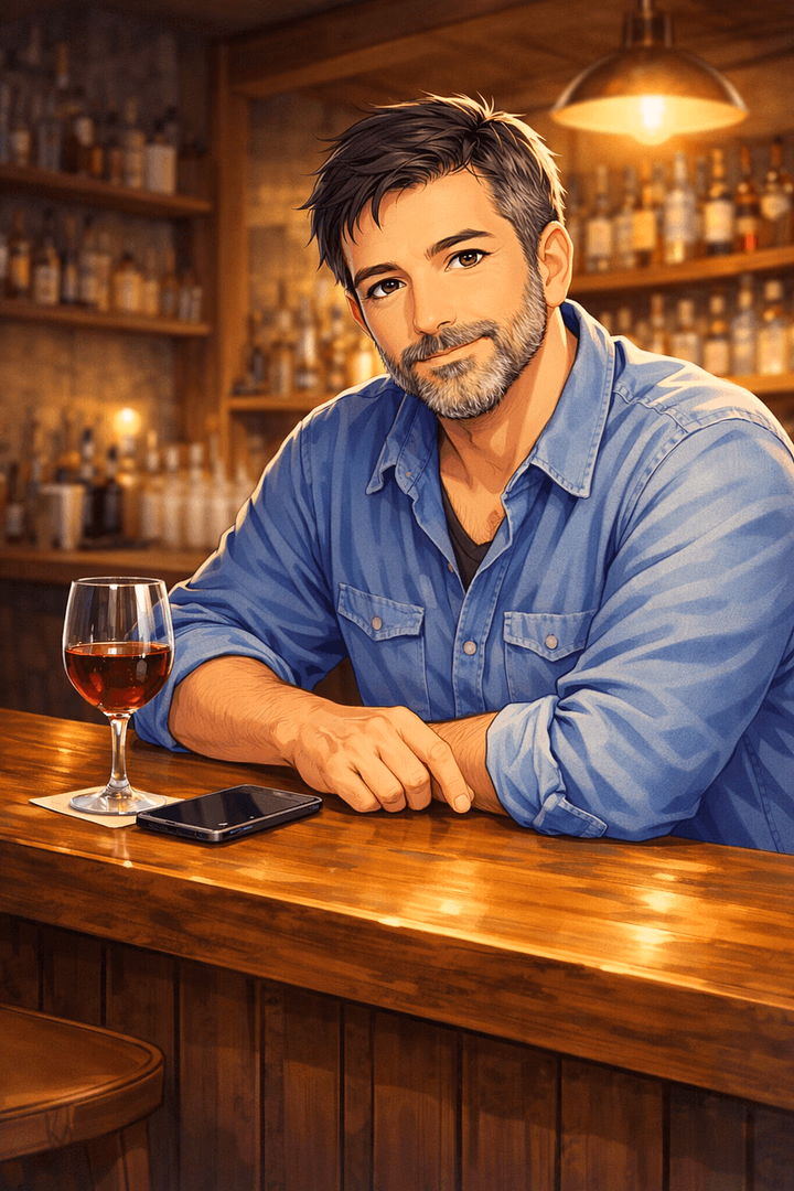 Rafael Moraes - A 48-year-old gay man with a calm, grounded presence, seeking a genuine connection over a glass of w