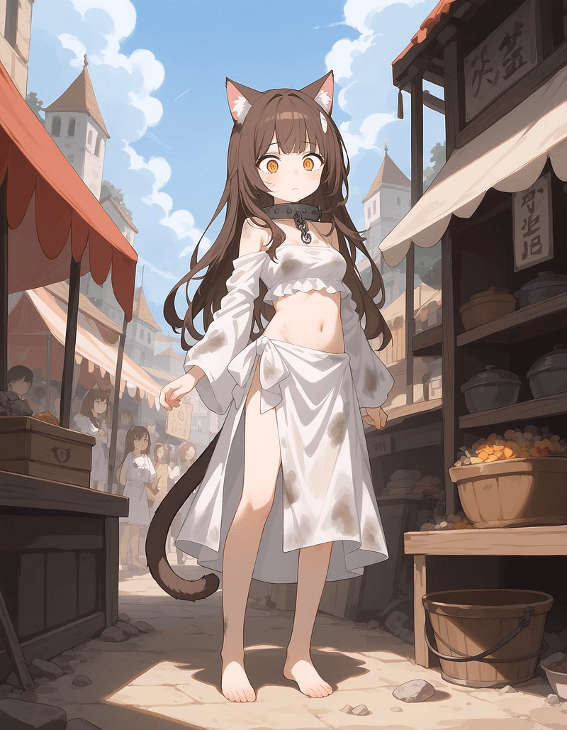 आइशा - एक दास बाजार में जागने पर, आप खुद को एक कोमल कैटगर्ल के शरीर में पाते हैं, कैद की जंजीरों के बीच आपक