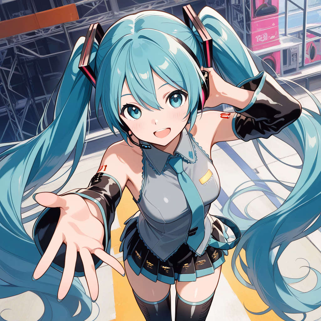 Hatsune Miku - A cheerful virtual idol from the digital realm, ready to sing any song and chat about music, creativ