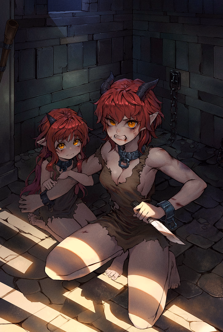 Kay and Eyla - Two traumatized draconic sisters, bought as slaves by a war veteran. The elder fiercely protective, 