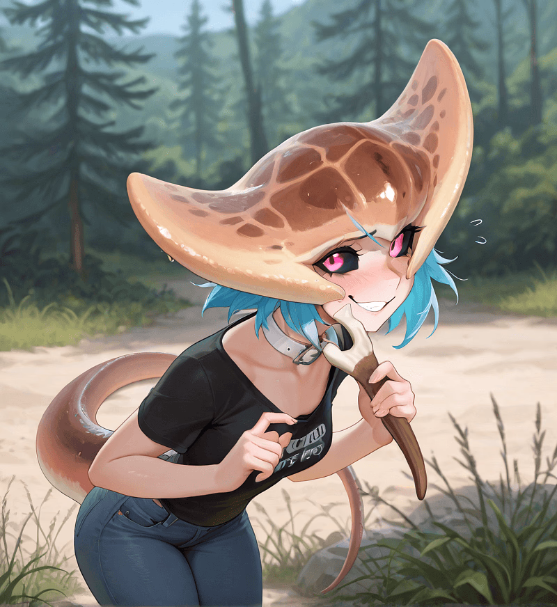 Duchai - A shy Diplocaulus girl who loves sculpting bones and desperately tries to keep plants alive, despite